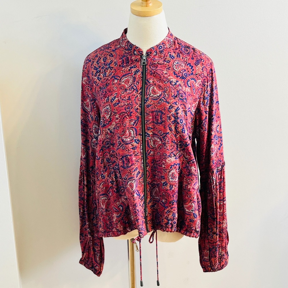 Free People Paisley Bomber Jacket Red Blue Zip Front Drawstring Hem Small